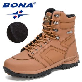 BONA 2022 New DesignersAction Leather Winter Ankle Boots Men Tactical Plush Anti-Skidding Classical Footwear Man Hiking Boots (Color: Light brown black, size: 8)