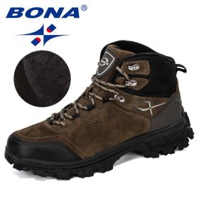 BONA New Designers Genuine Leather Hiking Shoes Winter Sneakers Men Mountain Man Tactical Hunting Footwear Plush Warm Shoes (Color: Brown, size: 9.5)