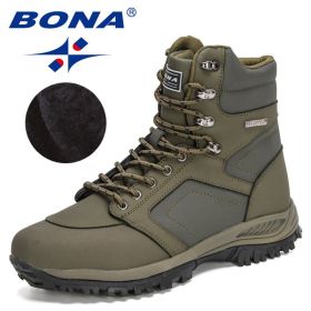 BONA 2022 New DesignersAction Leather Winter Ankle Boots Men Tactical Plush Anti-Skidding Classical Footwear Man Hiking Boots (Color: Army green S gray, size: 9)