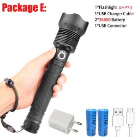 T20 Super Bright XHP90/XHP70 LED Flashlight High Lumens Zoomable Rechargeable Power Display Powerful Torch 26650 Handheld Light (Emitting Color: XHP70-E)